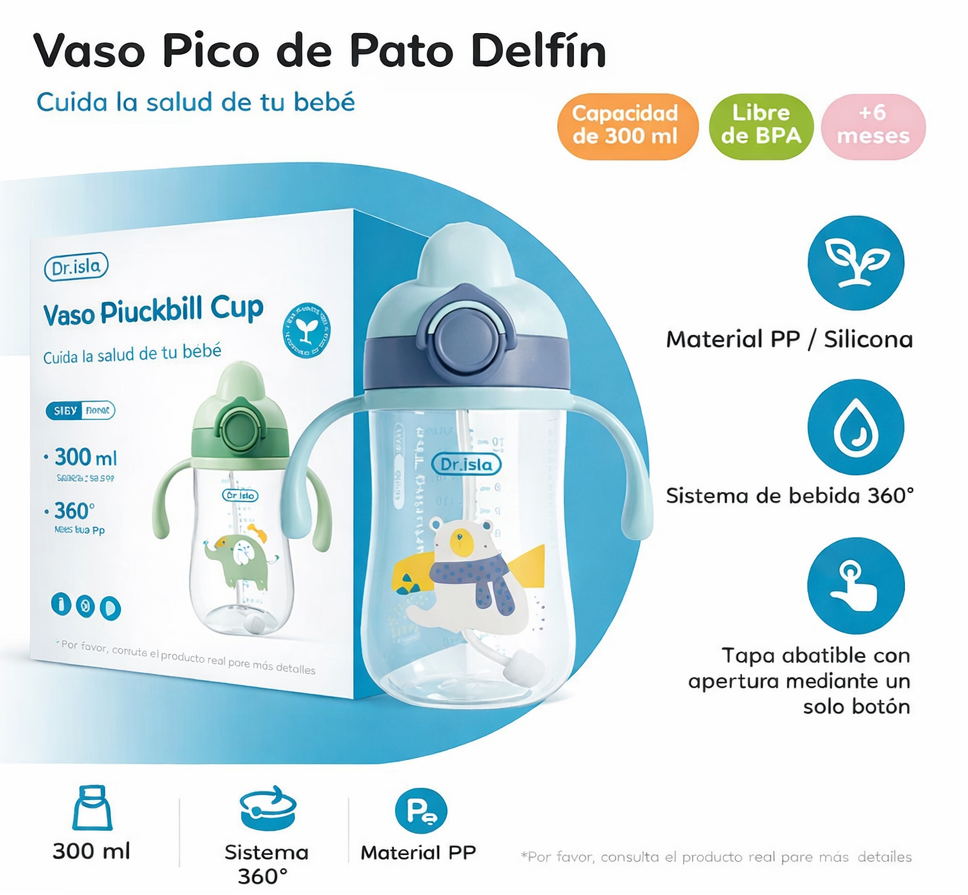 Vaso de Agua para Bebé con Pajita Antigoteo 300 ml con Asas